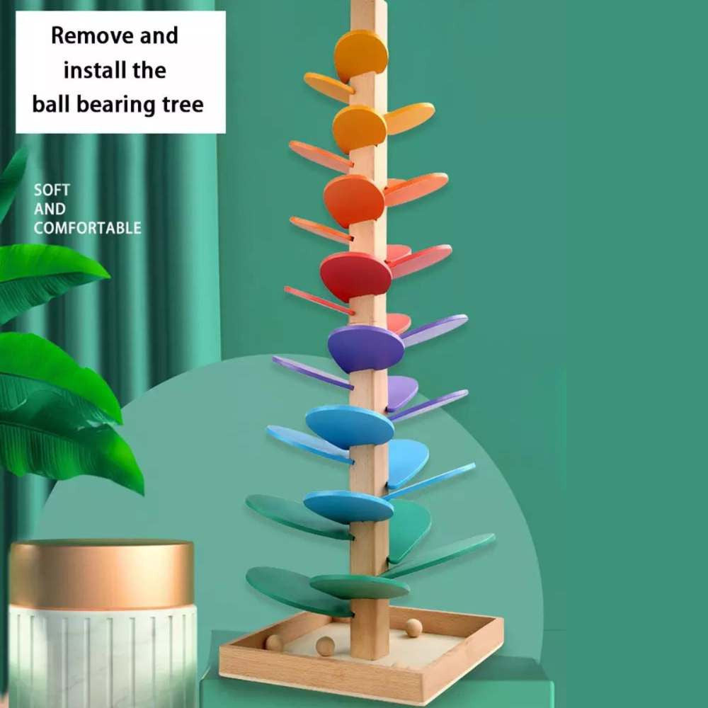 Montessori szivárvány hangfa, golyós pálya MAXI 72 cm magas fa játék színes levelekkel