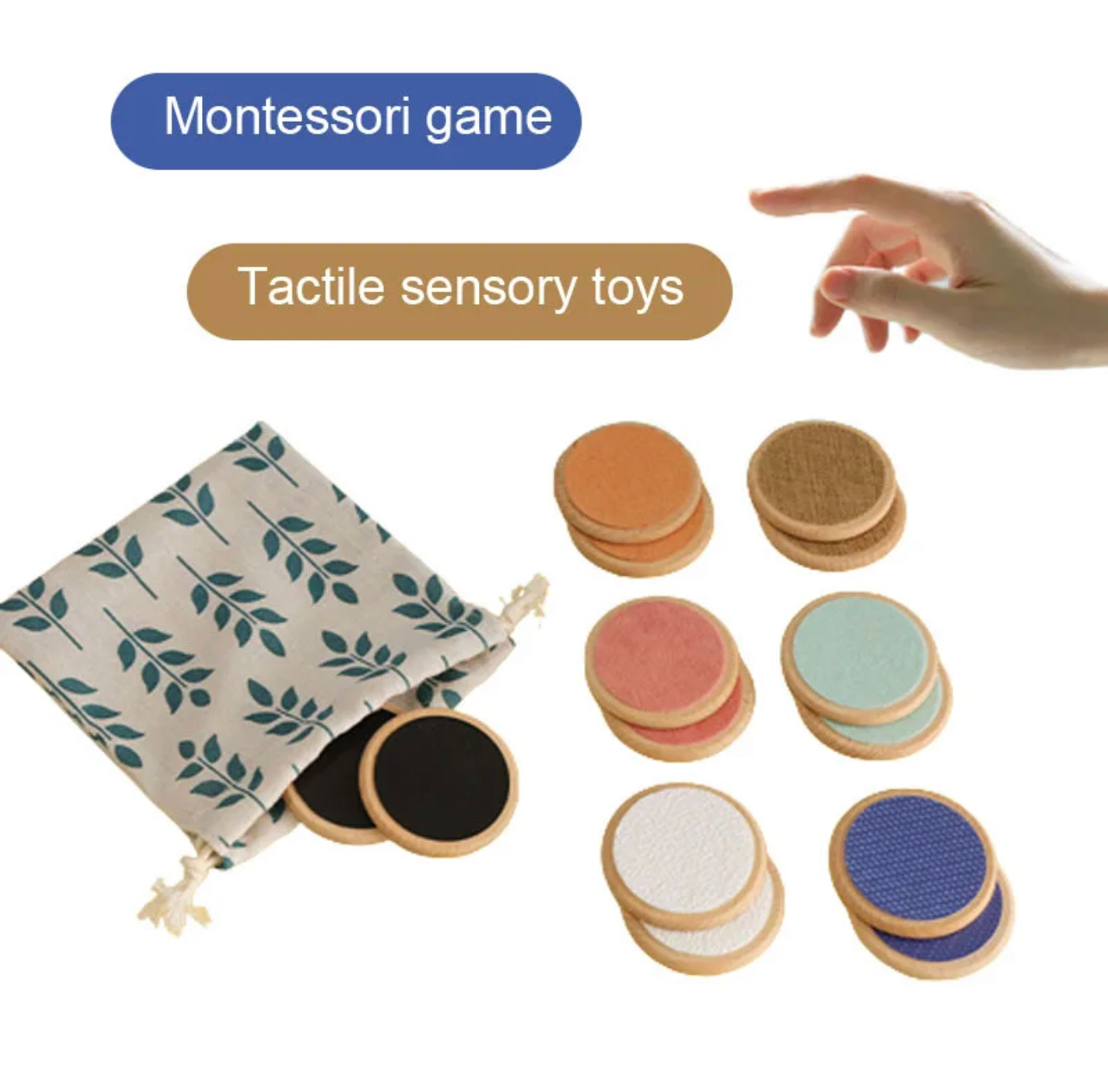 Montessori tapintást fejlesztő szenzoros memória játék – 7 pár fa textúrás korong tároló tasakkal