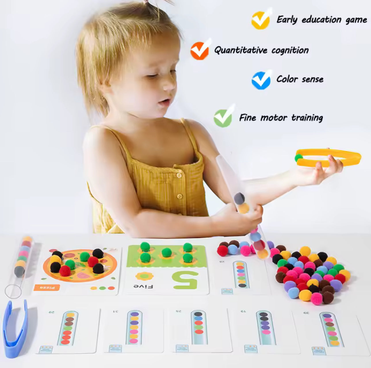 Oktató képkártyák és csőkártyák a Montessori Csipeszes Plüssgolyós Játékhoz