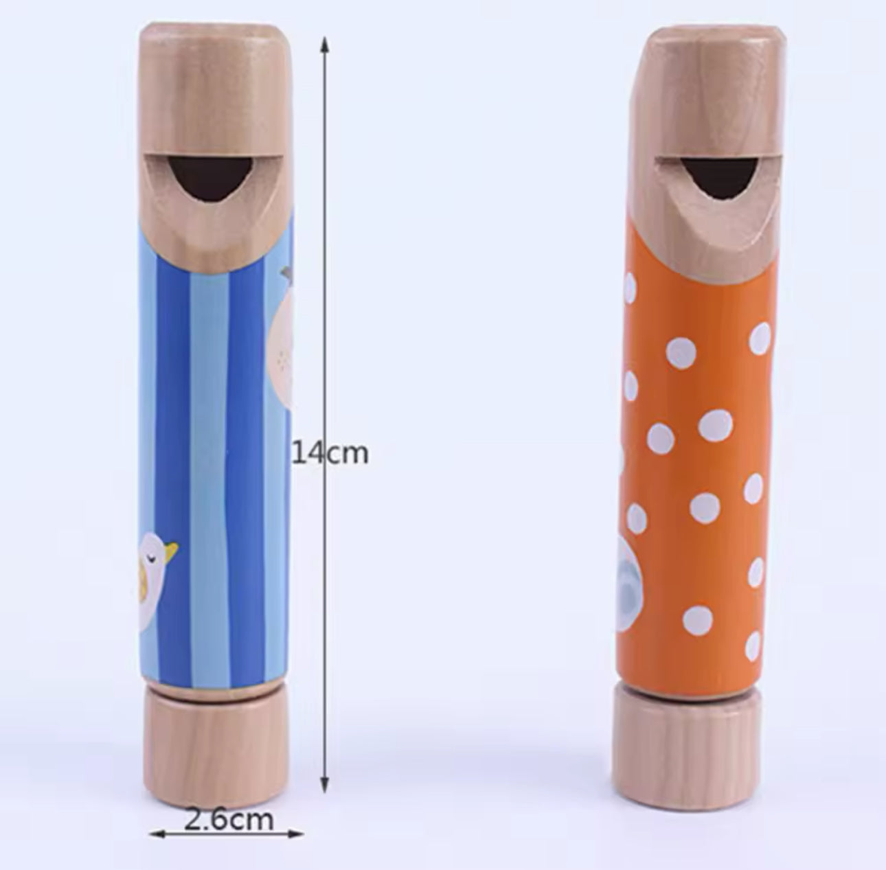 Színes fa állatos síp gyerekeknek, 14 cm-es hangszer játék.