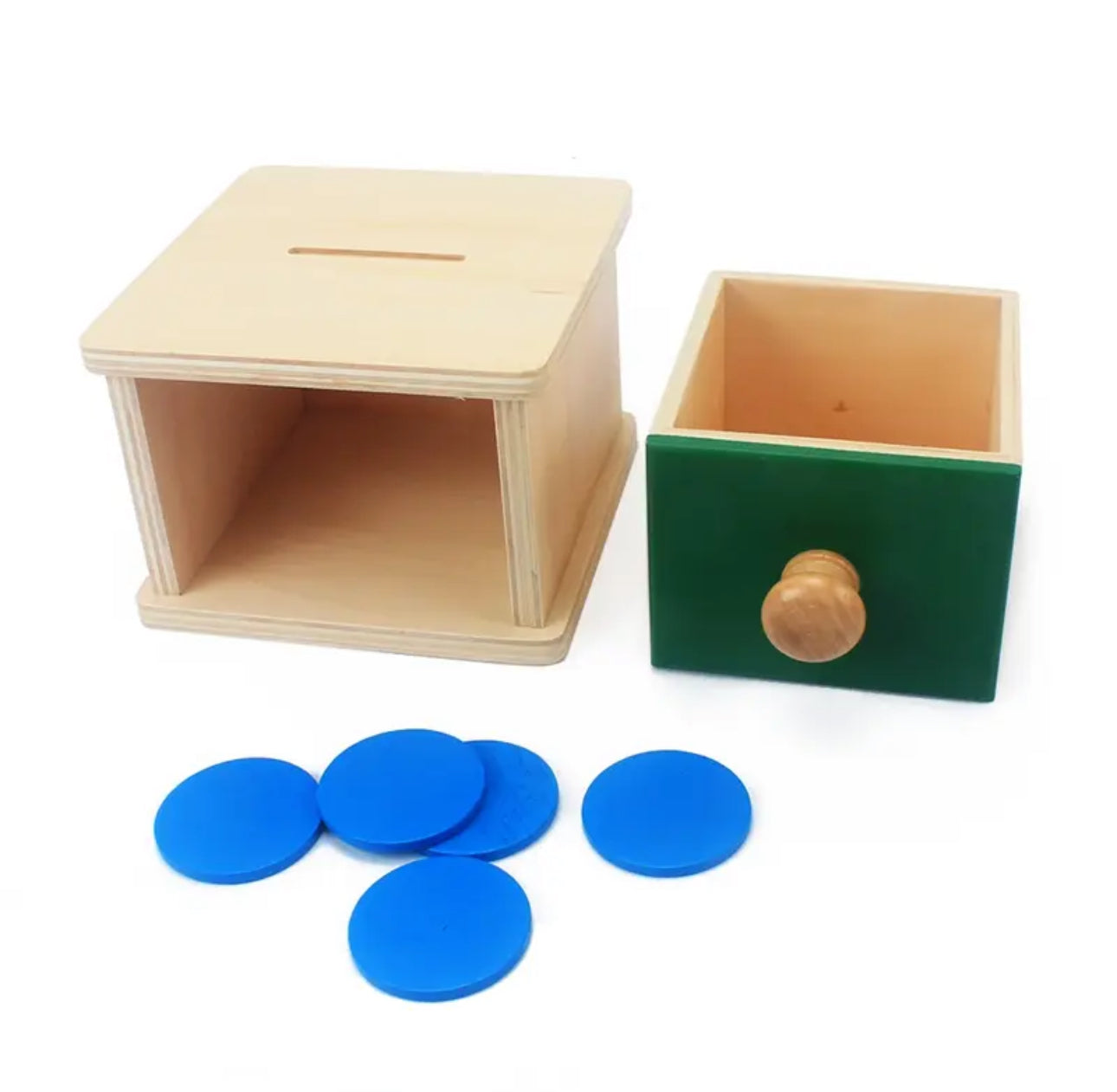 Tárgyállandósági Montessori játék fa dobozzal és érmékkel
