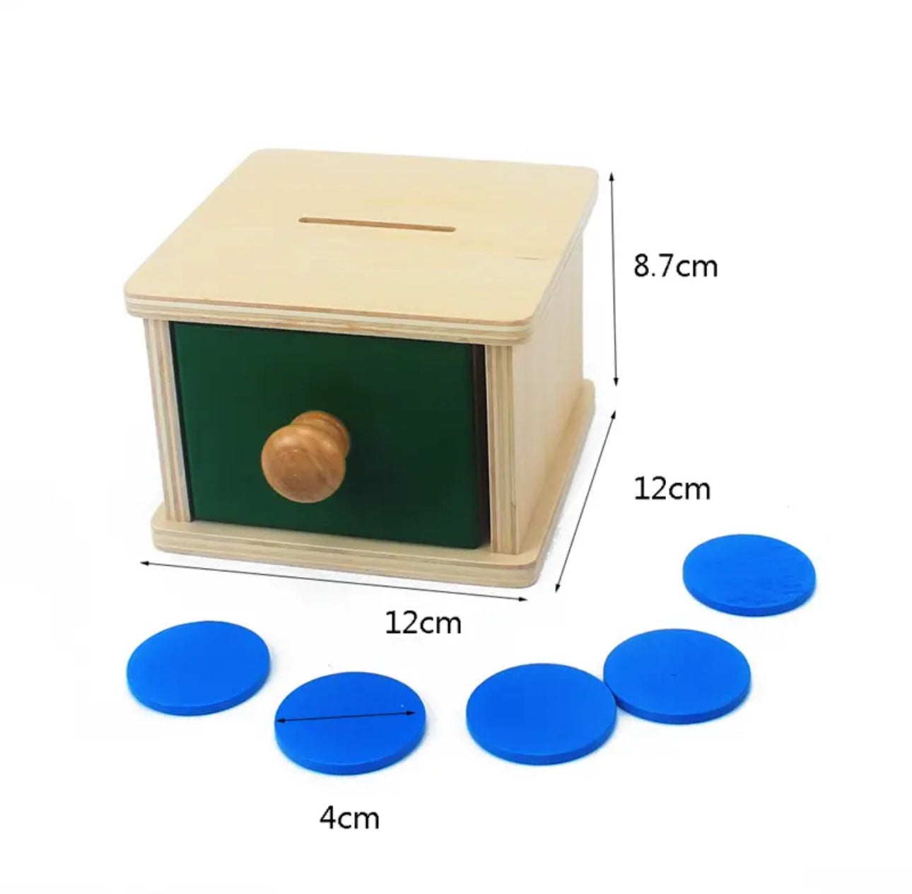 Tárgyállandósági Montessori játék fa dobozzal és érmékkel kisgyermekeknek.