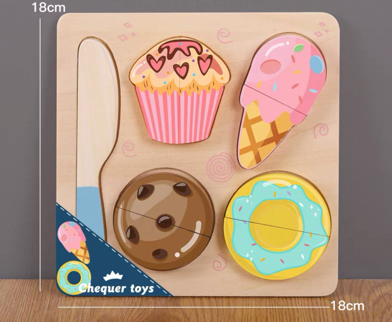 Fa vágós puzzle desszertekkel: fánk, muffin, fagylalt és süti fakéssel.