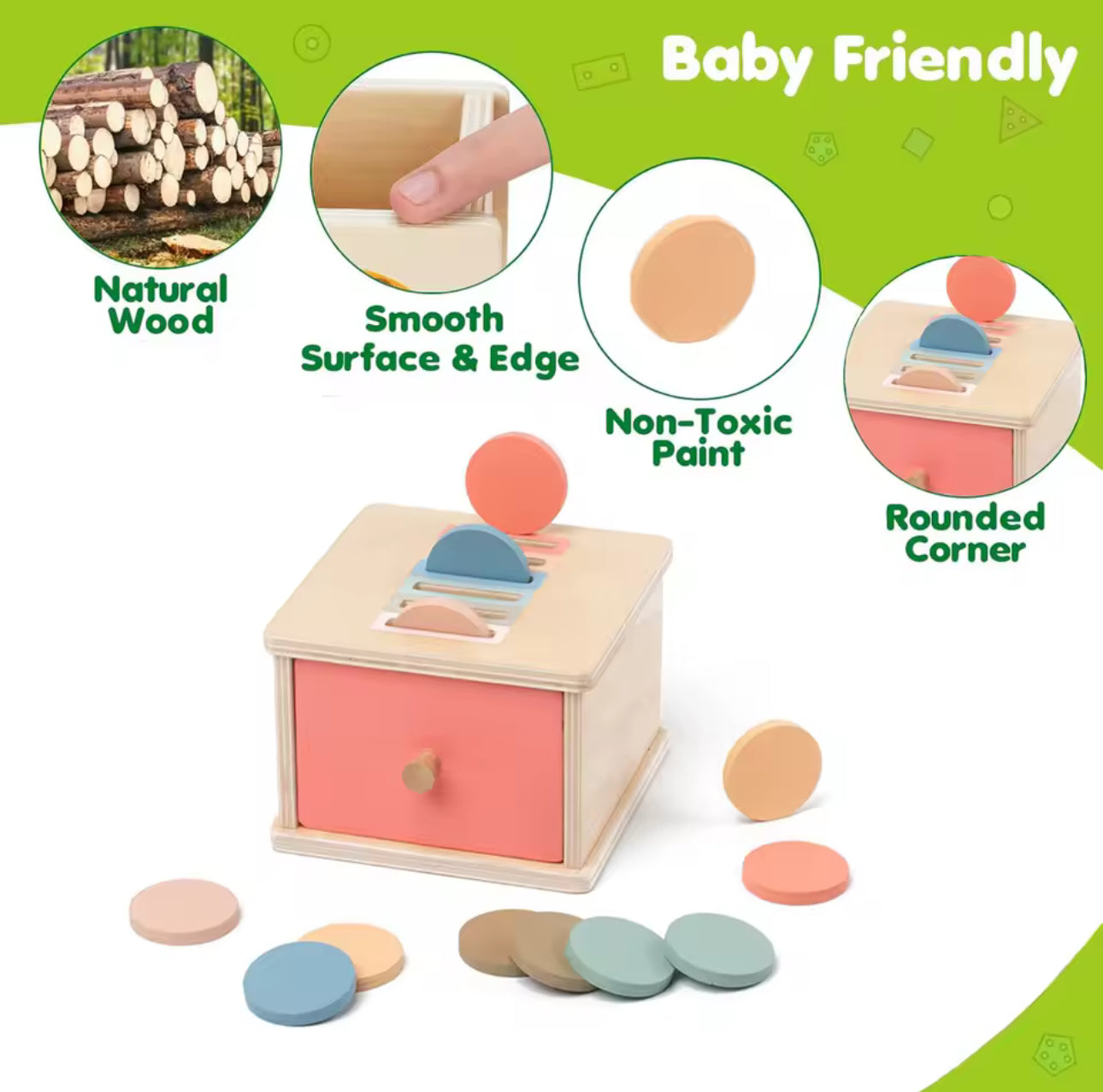 Montessori fa érme doboz 