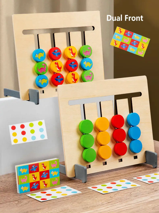 Kétoldalú Montessori fejlesztő játék színekkel és dinoszauruszokkal