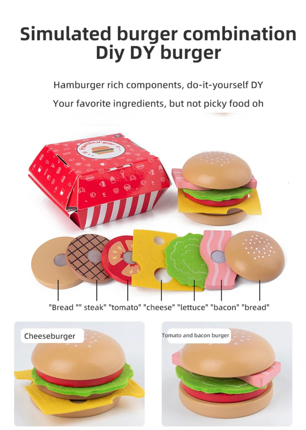 Gyerek fa játék hamburger szett dobozban, piros-fehér dizájnnal.