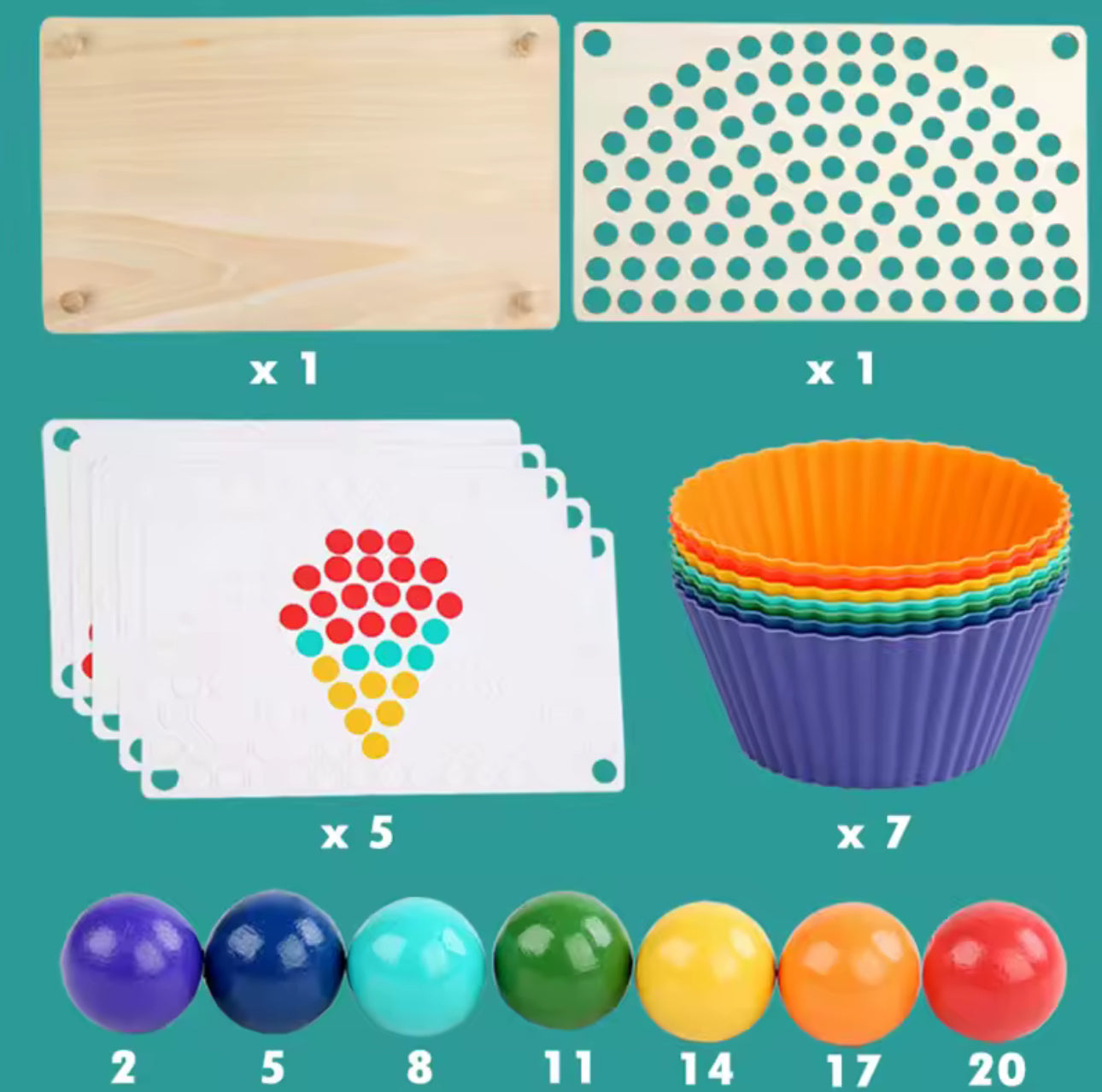 Montessori szivárvány szortírozó készlet fa táblával, színes golyókkal, szilikon poharakkal és feladatkártyákkal.