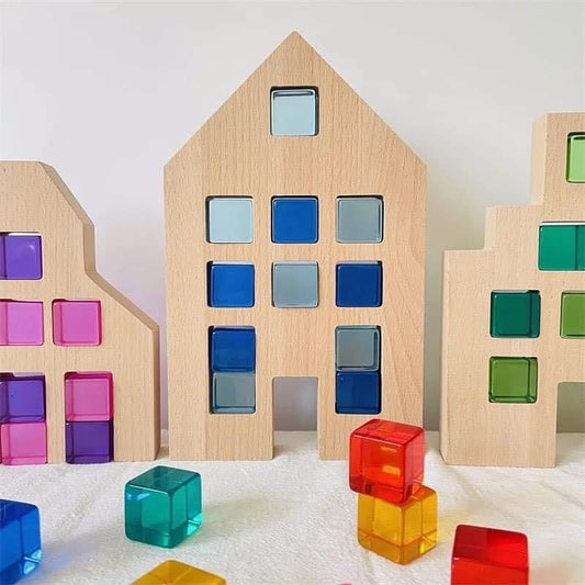 Fa Montessori házas építőjáték akril kockákkal