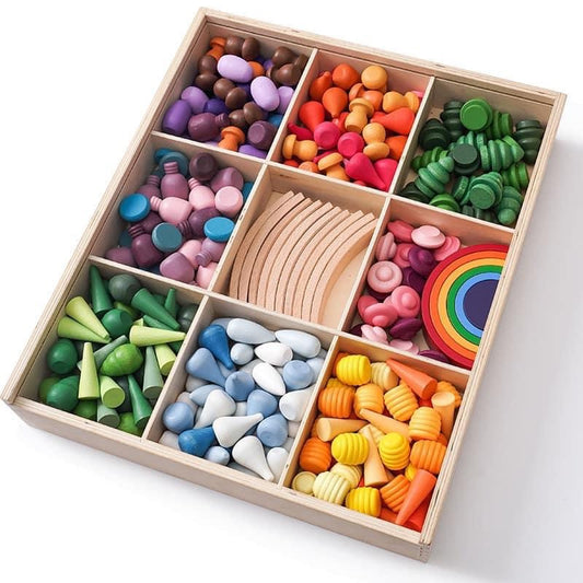 Montessori Szivárvány Mandala Mix – 268 db fa szabad játék szett tároló dobozban