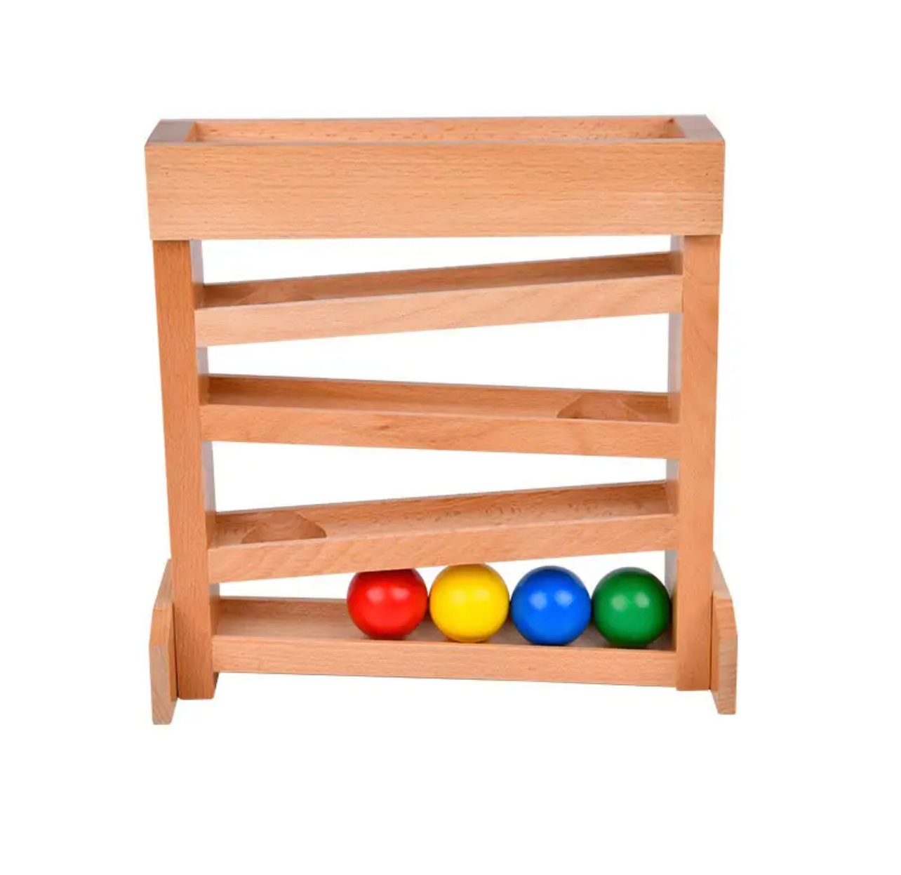 Montessori fa golyópálya négy színes golyóval – fejlesztő játék gyerekeknek