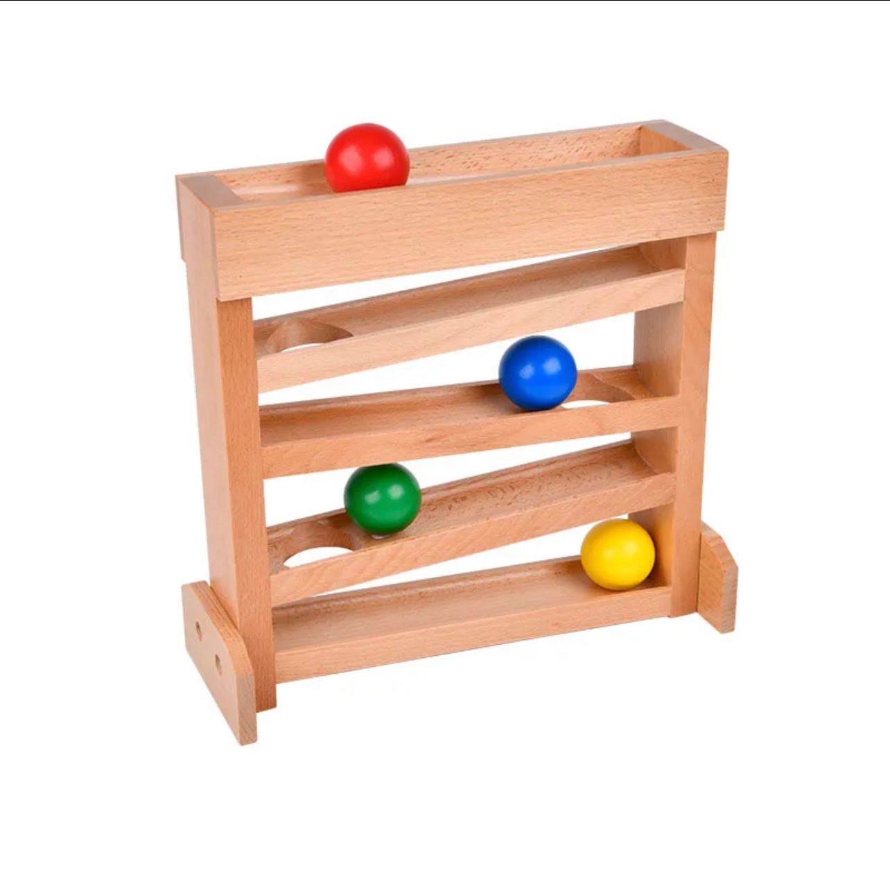 Montessori fa golyópálya színes golyókkal – természetes fa játék