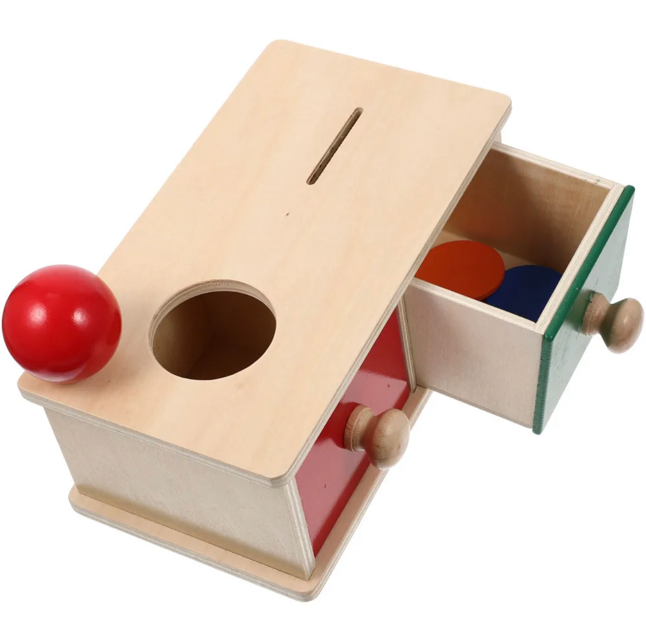 Montessori fa tárgyállandósági doboz labdával és érmékkel – fiókos játék