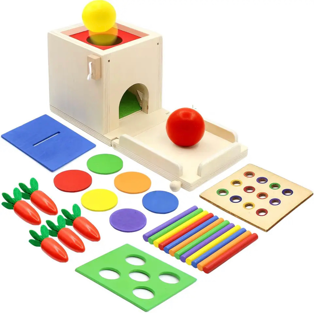 Montessori multifunkciós fa tárgyállandósági doboz érmékkel, labdákkal, répákkal és pálcikákkal