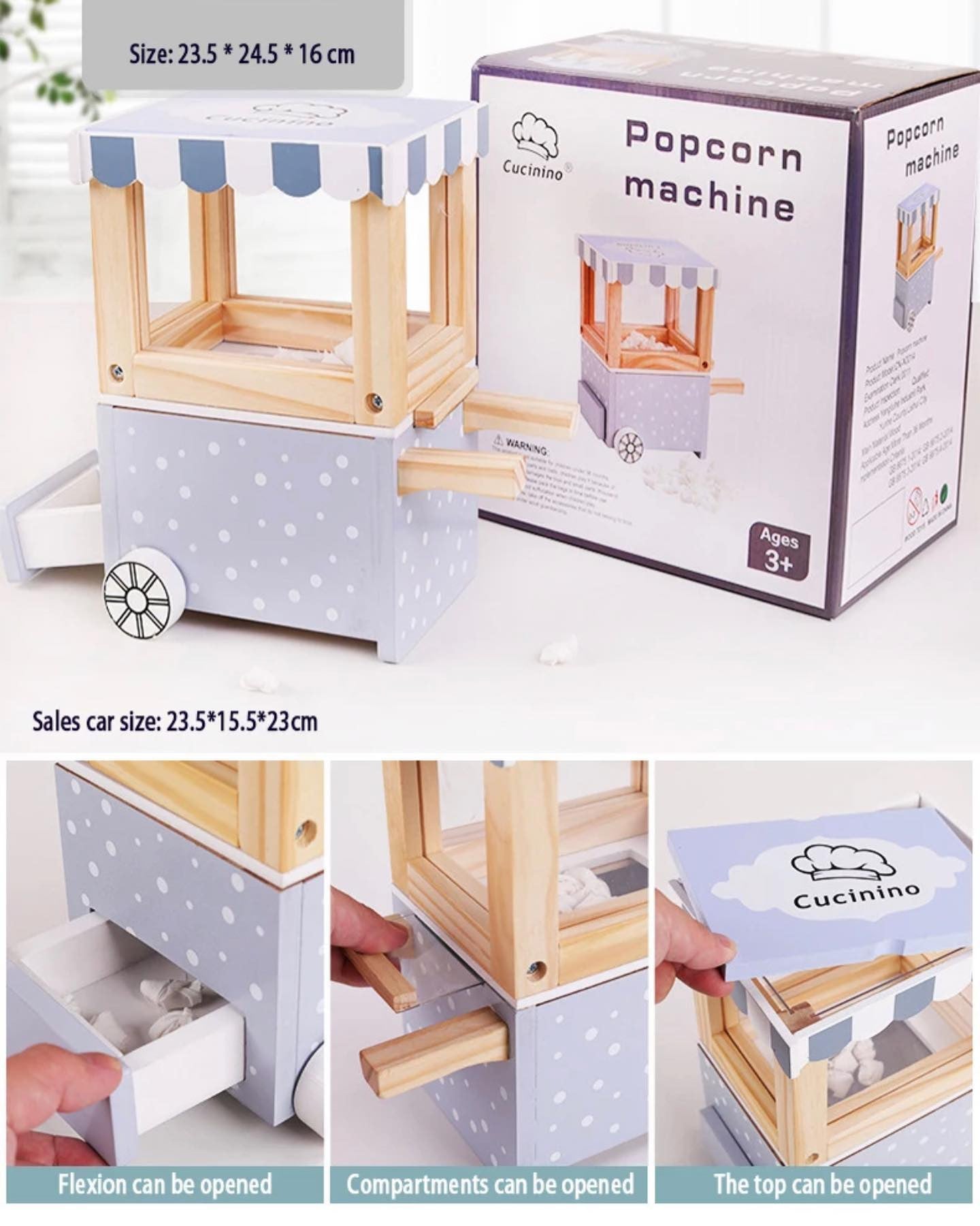 Interaktív fa popcorn gép, nyitható részekkel, gyerekeknek.